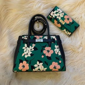 Kate Spade Lucia Lily Blooms Medium Purse and Wallet Set Green Navy Pink